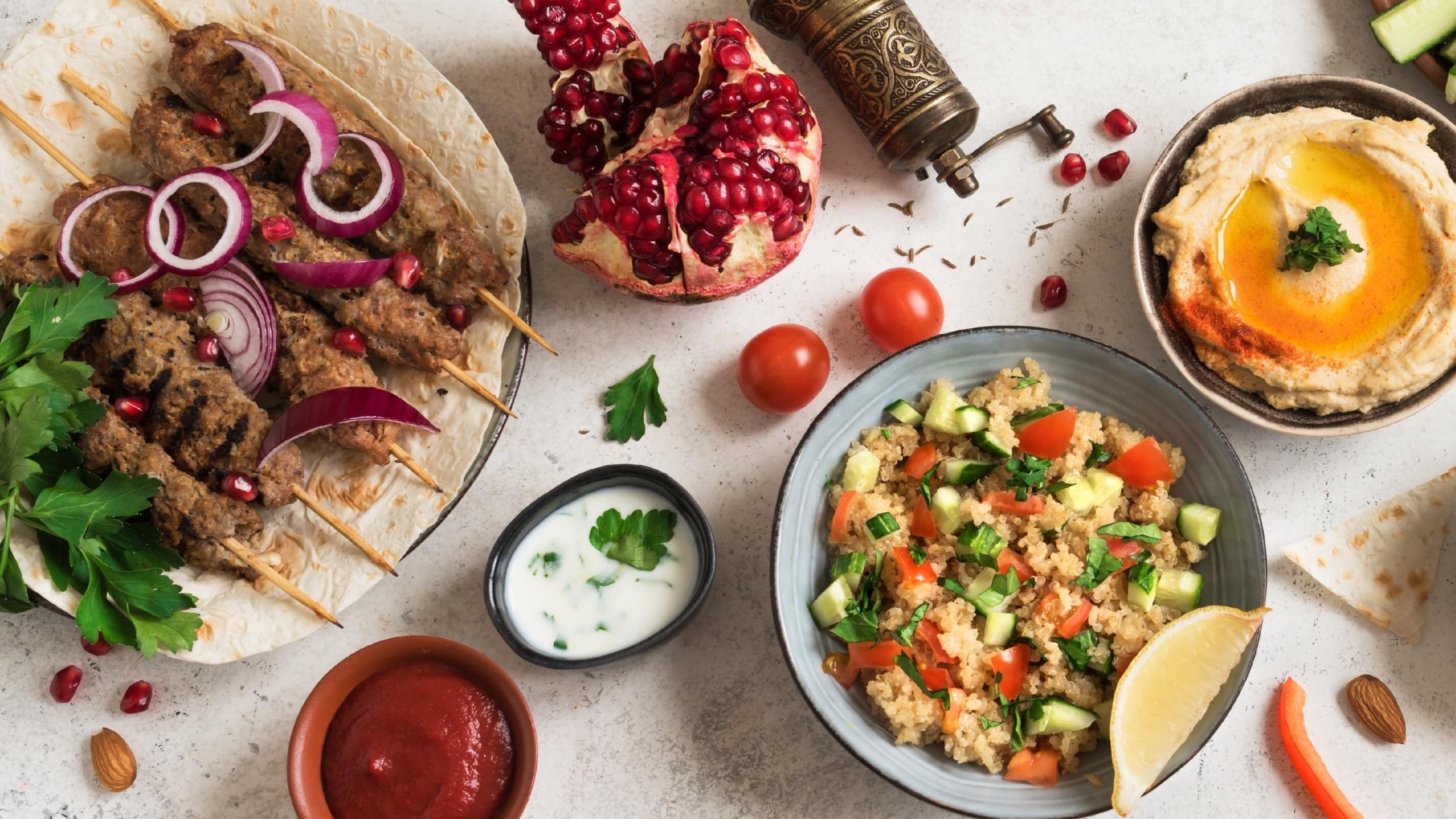 common middle eastern foods in a flatlay shot